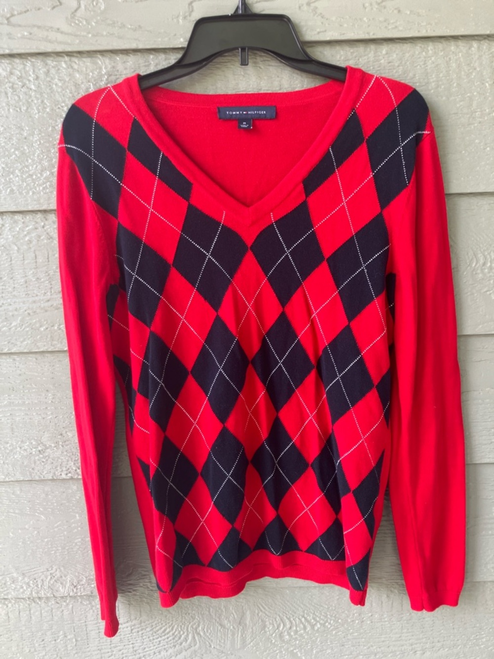 Tommy Hilfiger Red Black Argyle V-Neck Pullover